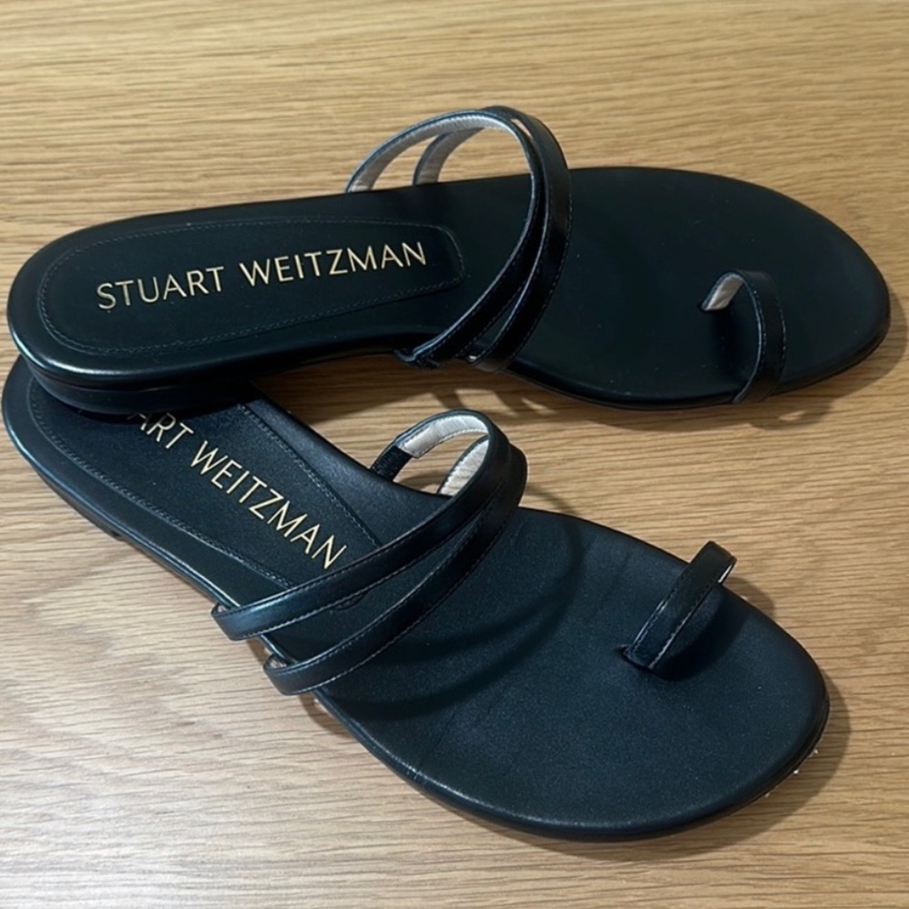 Stuart Weitzman Leather Strappy Flat Sandals like Reformation Black 7.5
